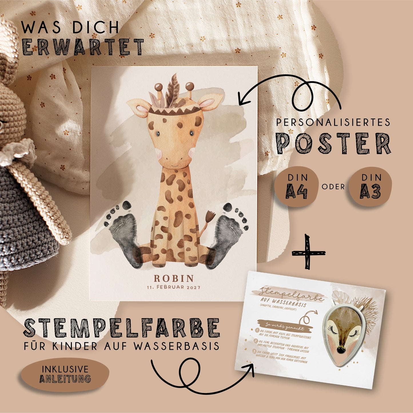 Fußabdruck Poster „ Boho Giraffe“ – personalisierbar