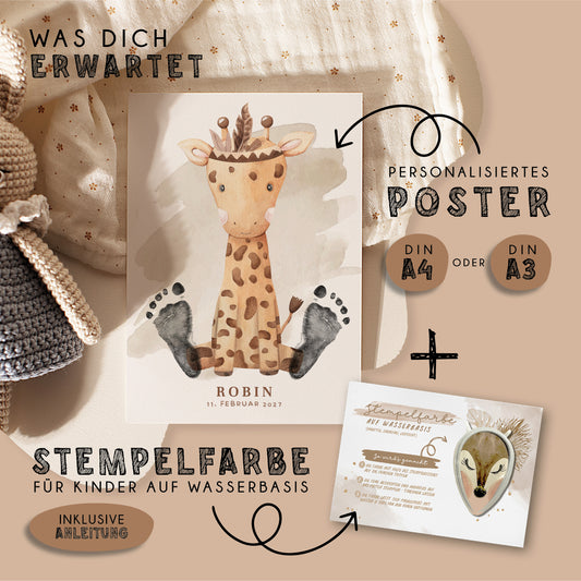 Fußabdruck Poster „ Boho Giraffe“ – personalisierbar