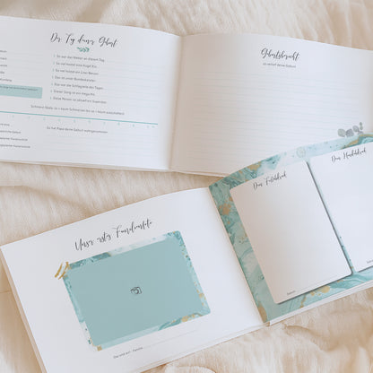 Schwangerschaftstagebuch "Kribbeln im Bauch" in mint & blau | DIN A4 quer