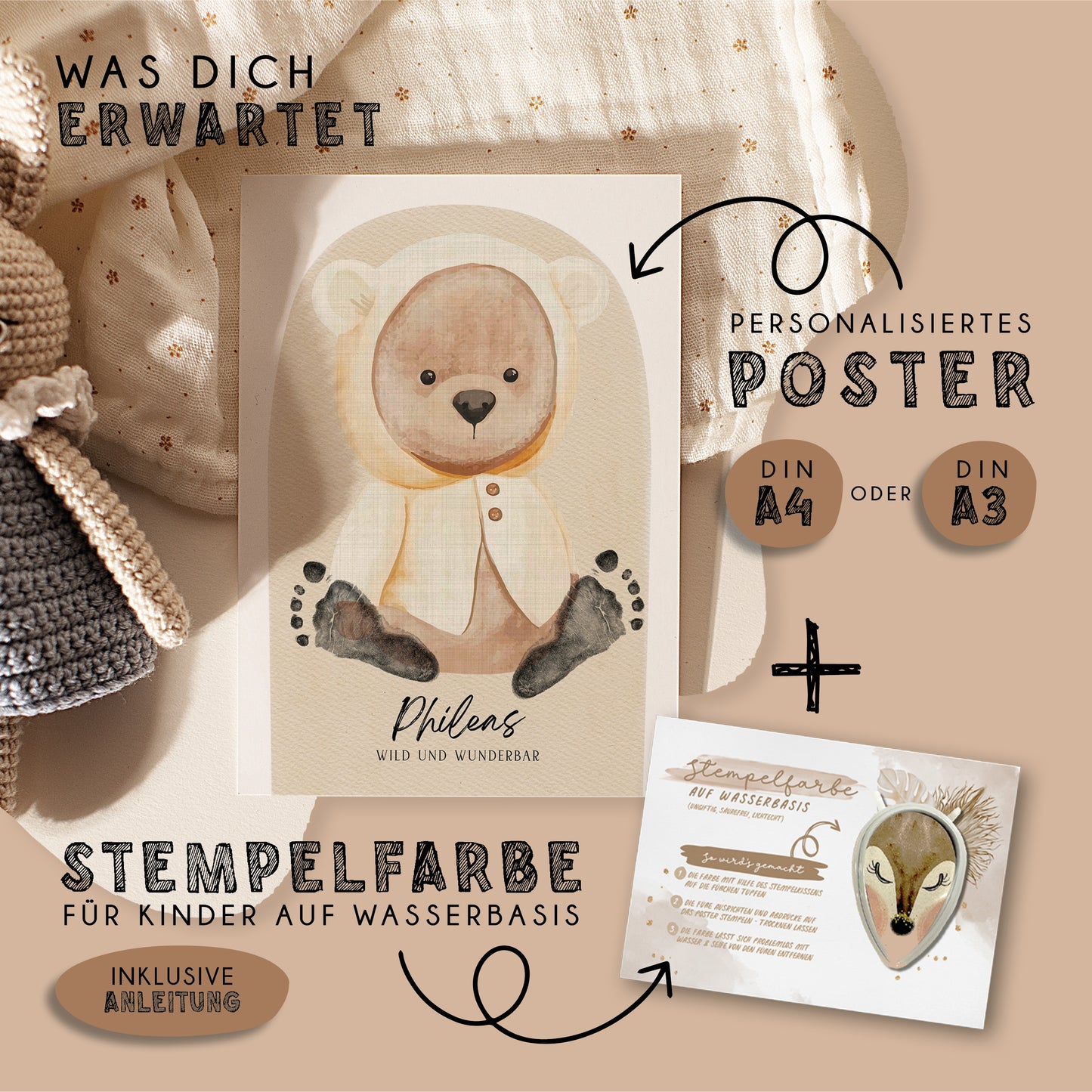 Fußabdruck Poster „Teddybär“ – personalisierbar