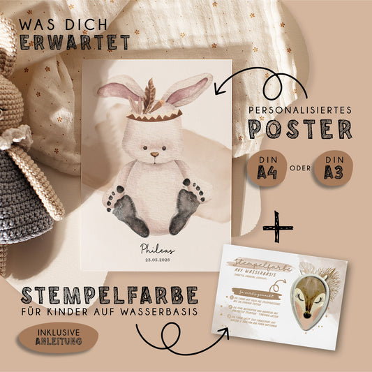 Fußabdruck Poster „Boho Hase“ – personalisierbar